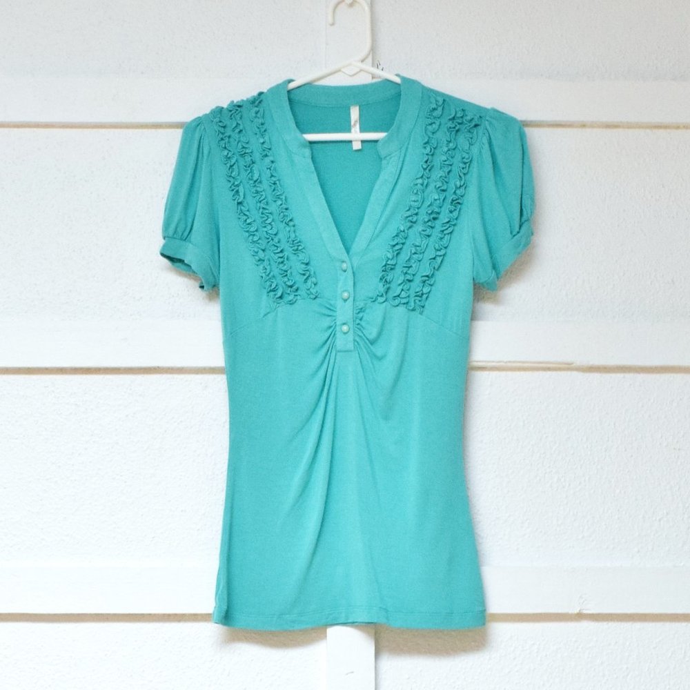PAPAYA Teal Green Ruffle V-neck Blouse Top | Size M